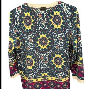 Talbots ladies yellow Green geometric 100% Marino Wool Top size M shirt sweater